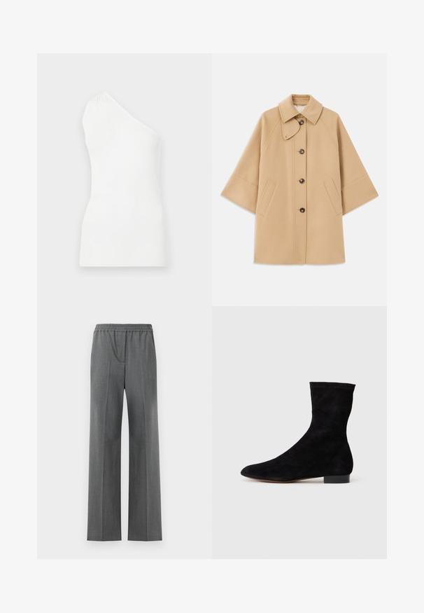 Palton din lână bej, cu un guler clasic, închidere frontală cu nasturi și buzunare laterale; are mâneci raglan și un design curat, structurat.; Top din bumbac alb, cu bretele, cu un design pe o umăr. Prezintă o formă ajustată și o textură subtilă, punând accent pe un stil minimalist.; Pantaloni gri cu picioare largi, cu un tiv elastic, fabricați dintr-un material texturat cu un model subtil de țesătură.; Cizme scurte din suede negre, cu un știft ajustat, vârful ascuțit și un toc mic, pătrat. Textură netedă și design minimalist, potrivite pentru un stil versatil.