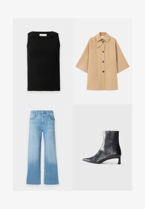 Šviesiai rudas vilnos mišinys paltas su klasikiniu apykakle, priekyje mygtukais užsegamas, ir šoninėmis kišenėmis; turi raglan tipo rankoves ir švarų, struktūrizuotą dizainą.; Juodas juostuotas maikė, pagaminta iš minkštos medžiagos, su apvalia iškerpė ir be rankovių dizainu. Paprasta ir universali forma.; Šviesiai mėlyni džinsai plačiomis kojomis su nublukusiu paviršiumi, aukštu liemeniu ir tradicine penkių kišenių konstrukcija. Metalinė sagatė ir užtrauktukas.; Juodas odinis kulkšninis batas su smailiu pirštu ir elegantišku dizainu. Turi žemą kulną ir užtrauktuką gale. Lygi tekstūra.