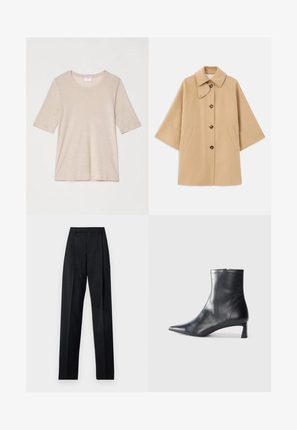 Beige wollen blend jas met een klassieke kraag, sluiting met knopen aan de voorkant en zijzakken; heeft raglanmouwen en een nette, gestructureerde uitstraling.; Filippa K ELENA TEE - T-shirt basic - taupe; Zwarte broek gemaakt van gladde stof met een hoge taille, wijde benen, voorplooien en klassieke ceintuurlussen. Geen zijzakken zichtbaar.; Zwarte leren enkellaars met een spitse neus en een slank ontwerp. Heeft een lage hak en een ritssluiting aan de achterkant. Gladde textuur.