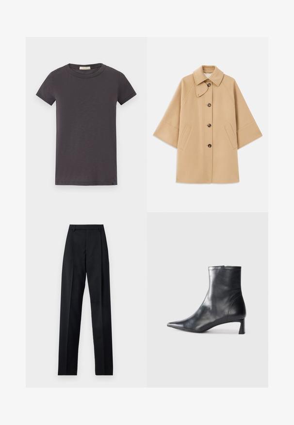 Beige wool blend coat with a classic collar, front button closure, and side pockets; features raglan sleeves and a clean, structured design.; rag & bone THE SLUB - Basic T-shirt - greystone; Black trousers made from smooth fabric featuring a high waist, wide legs, front pleats, and classic belt loops. No side pockets visible.; Black leather ankle boot with a pointed toe and a sleek design. Features a low heel and a zipper closure at the back. Smooth texture.