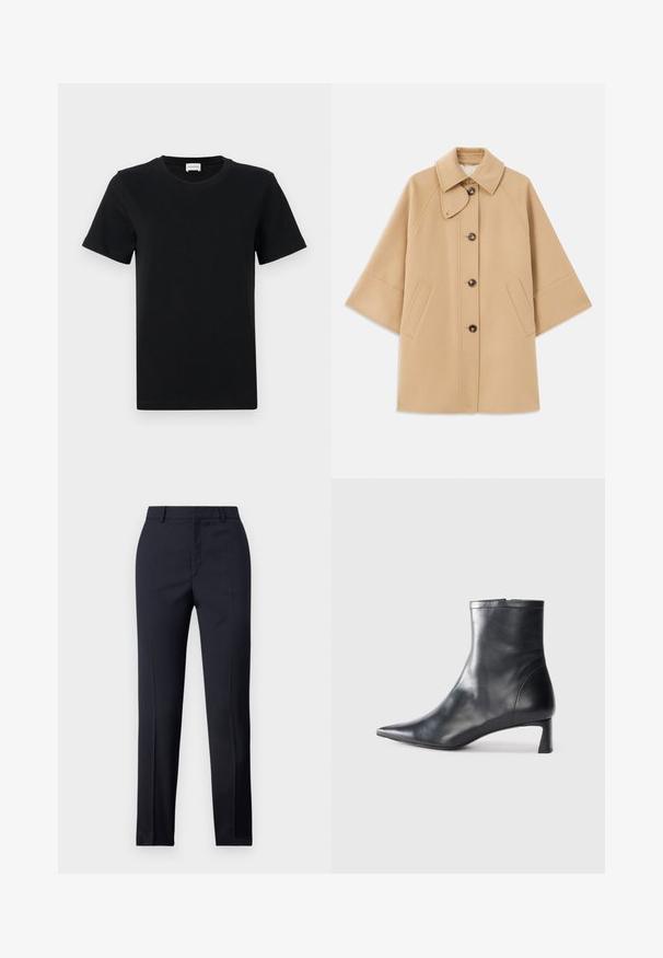 Casaco em mistura de lã bege com colarinho clássico, fecho frontal com botões e bolsos laterais; possui mangas raglan e um design limpo e estruturado.; T-shirt preta de algodão de manga curta com decote redondo, apresentando um detalhe de logo discreto na parte inferior da frente e uma bainha reta.; Calças ajustadas em azul-marinho com corte reto, apresentando uma textura suave, dois bolsos frontais e um cós liso.; Bota de tornozelo em pele preta com biqueira apontada e um design elegante. Apresenta um salto baixo e um fecho com zipper na parte de trás. Textura suave.