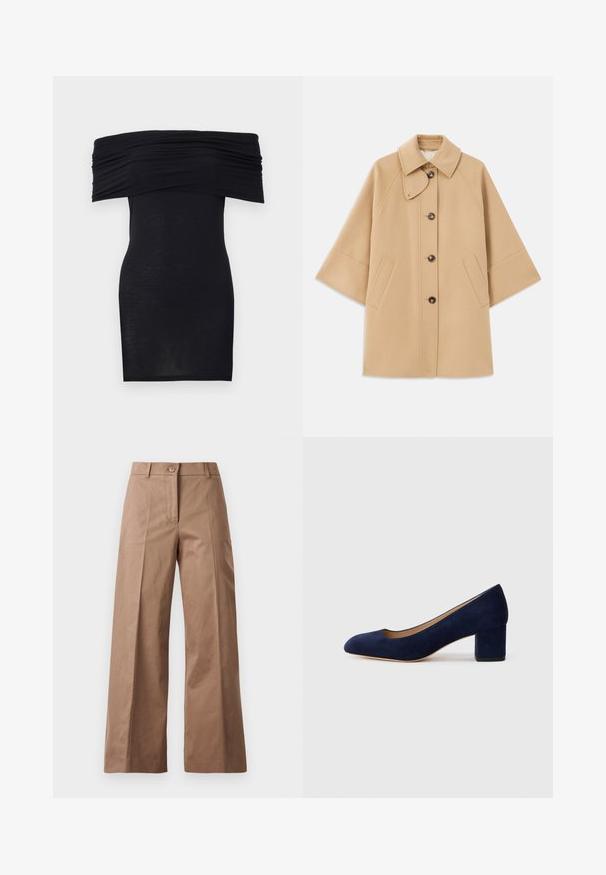 Casaco em mistura de lã bege com colarinho clássico, fecho frontal com botões e bolsos laterais; possui mangas raglan e um design limpo e estruturado.; Vestido preto sem alças com golas franzidas, ajuste justo e textura suave. Design minimalista, até ao joelho, sem qualquer tipo de adornos.; Calças largas castanhas feitas de um tecido suave, com fecho frontal por botão, dois bolsos frontais e linhas limpas e ajustadas.; Salgados de camurça azul-marinho com bico fino e um salto quadrado de altura média. Textura suave com um ligeiro brilho e um pequeno corte na parte da frente.