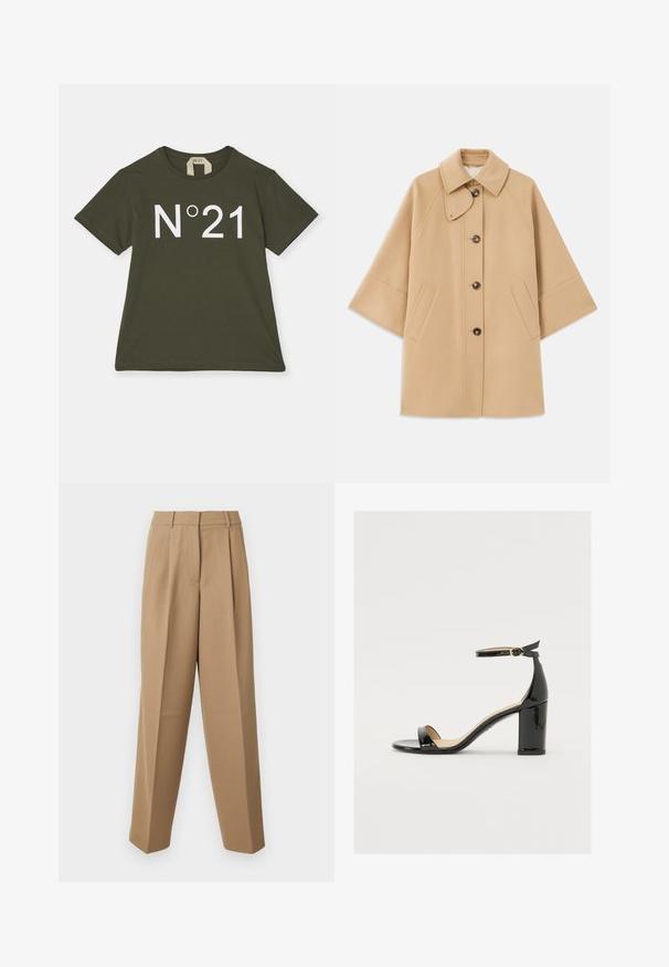 Beige wool blend coat with a classic collar, front button closure, and side pockets; features raglan sleeves and a clean, structured design.; N°21 Print T-shirt - militare; Beige tailored trousers with a high waist, pleated front, and wide-leg cut. The fabric appears smooth with a slight sheen.; Black patent leather sandal with a wide heel, open toe, and ankle strap featuring a gold buckle. Smooth texture and sleek design.