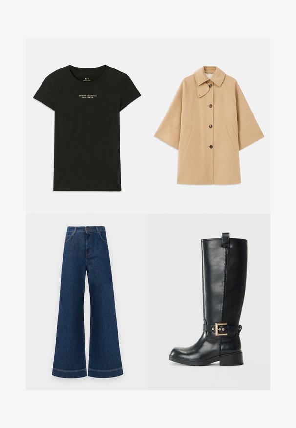 Beige wool blend coat with a classic collar, front button closure, and side pockets; features raglan sleeves and a clean, structured design.; Black short-sleeve Armani Exchange T-shirt with "Armani Exchange Milano / New York" printed in small beige letters on the chest.; Wide-leg blue denim jeans with a high waist, featuring a button closure, belt loops, and subtle stitching details along the pockets and hems.; Black knee-high leather boot with a low block heel, decorative gold buckle strap around the ankle, and a pull tab at the top.