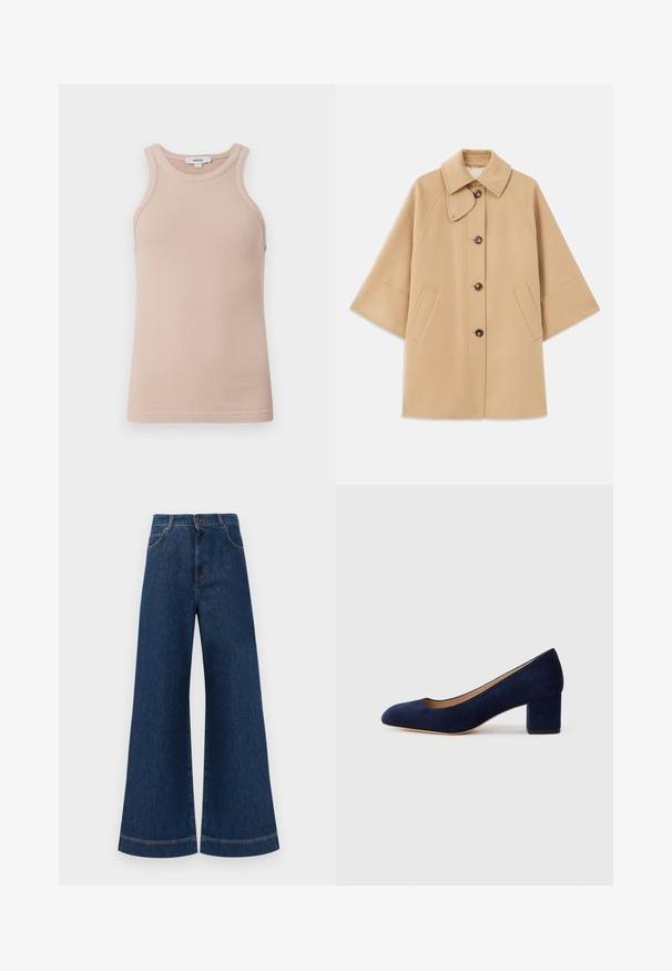 Šviesiai rudas vilnos mišinys paltas su klasikiniu apykakle, priekyje mygtukais užsegamas, ir šoninėmis kišenėmis; turi raglan tipo rankoves ir švarų, struktūrizuotą dizainą.; Šviesiai ruda ribota liemenėlė su plačiu iškirpimu ir be rankovių dizainu. Minkšta tekstūra, prigludusi forma ir minimalistiškas stilius. Matoma prekės ženklo etiketė.; Plati mėlynos džinsinės kelnės su aukštu liemeniu, turinčios mygtukų užsegimą, diržo kilpas ir subtilius siuvinėjimo akcentus ant kišenių bei apdailos.; Tamsiai mėlynos zomšos bateliai su smailiu nykščiu ir vidutinio aukščio blokiniu kulnu. Lygi tekstūra su subtiliu blizgesiu ir mažas įpjovimas priekyje.