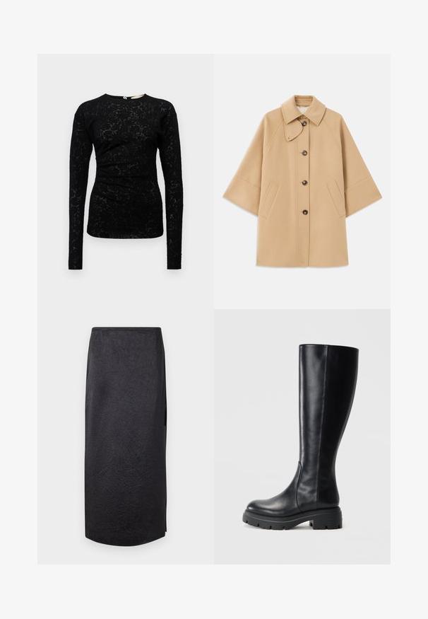 Beige gyapjú mix kabát klasszikus gallérral, elülső gombos záródással és oldalsó zsebekkel; raglán ujjaival és letisztult, strukturált dizájnjával rendelkezik.; Fekete, hosszú ujjú felső textúrált virágmintás csipkével, kerek nyakkivágással és diszkrét pliszével a derékrészen.; Fekete midi szoknya gyűrött textúrával, egyenes szabással és oldalsó hasítékkal. Az anyag könnyűnek tűnik. A szoknya alja kissé kerekített.; Fekete, térd fölé érő csizmák sima bőrből, lekerekített orral és robosztus gumitalppal, amelynek talpa tapadási mintákkal van ellátva.