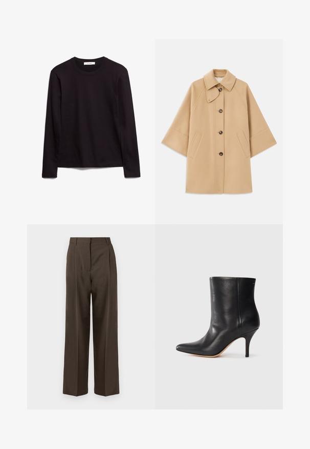 Beige kabát z vlněné směsi s klasickým límcem, zapínáním na knoflíky vpředu a bočními kapsami; má raglánové rukávy a čistý, strukturovaný design.; Černé pánské tričko s dlouhým rukávem a kulatým výstřihem z texturované látky, s rovnými lemy a prošívanými detaily na límci a ramenou.; Hnědé kalhoty s širokými nohavicemi a hladkým texturou, s vysokým pasem, předními záhyby a přizpůsobeným střihem. Žádné viditelné kapsy ani ozdoby.; Černá kožená kotníková bota s špičatou špičkou, štíhlým jehlovým podpatkem a hladkým povrchem. Minimalistický design bez viditelného hardwaru nebo akcentů.