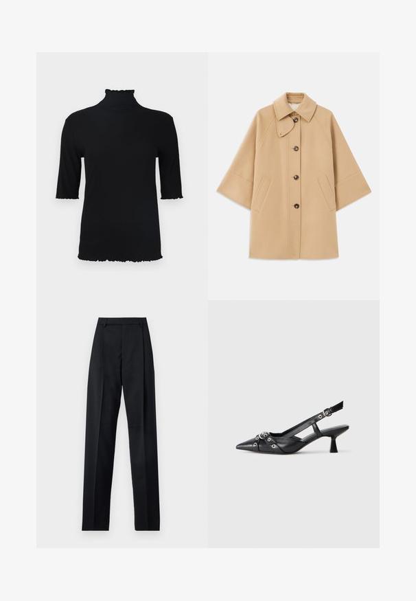 Beige uldblandingsfrakke med klassisk krave, frontknaplukning og sidelommer; har raglanærmer og et rent, struktureret design.; Filippa K MOCK NECK TEE - T-shirts print - black; Sorte bukser lavet af glat stof, der har høj talje, brede ben, frontfolder og klassiske bælteløkker. Ingen synlige sidelommer.; Sort lædersandal med spids tå, dekorative stropper med metaløjer og en lav blokhæl. Struktureret overflade.