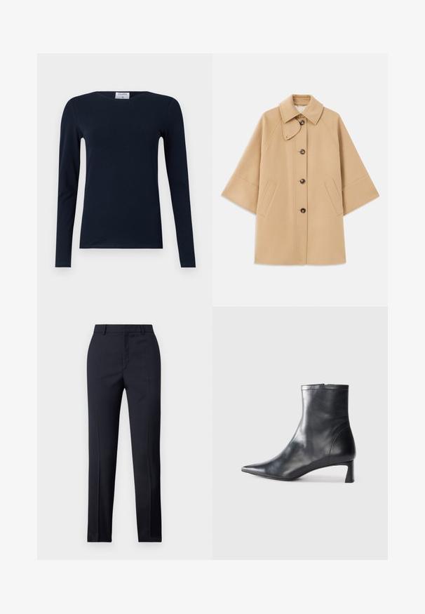 Beež villasegu jakk klassikalise kraega, ees nuppude sulgemise ja küljetaskutega; omab raglan-varrukaid ja puhtalt, struktureeritud disaini.; Tume sinise värvi pika varrukaga T-särk, mis on valmistatud pehmest puuvillast. Omab ümmargust kaelust, kitsast lõiget ja tavalist äärt, ilma nähtavate mustrite või aktsendita.; Tumed kohandatud püksid sirge lõikega, millel on sile tekstuur, kaks esist taskut ja puhas vöökoht.; Mustad mustall nahkasaabas terava nina ja stiilse disainiga. Omab madalat konts ja luku sulgemist taga. Sile tekstuur.