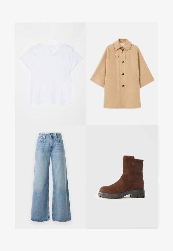 Beige wool blend coat with a classic collar, front button closure, and side pockets; features raglan sleeves and a clean, structured design.; FRAME BABY TEE - Basic T-shirt - white; Light blue denim wide-leg jeans with a high waist, featuring four pockets, a button closure, and subtle fading on the fabric.; Brown suede ankle boot with elastic side panels, rounded toe, and a thick rubber sole featuring a textured tread pattern.