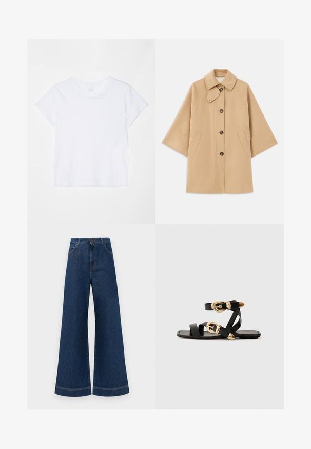 Beež villasegu jakk klassikalise kraega, ees nuppude sulgemise ja küljetaskutega; omab raglan-varrukaid ja puhtalt, struktureeritud disaini.; FRAME BABY TEE - Lihtne T-särk - white; Laia siniste denim pükste suur jalg, kõrge vöökoht, nupuga kinnitamine, vöökohad ja peened õmblusdetailid taskute ja äärte ääres.; Mustad nahast sandaalid kuldsete pandlitega, millel on mitmed rihmad ja lame talladisain avatud varba jaoks.
