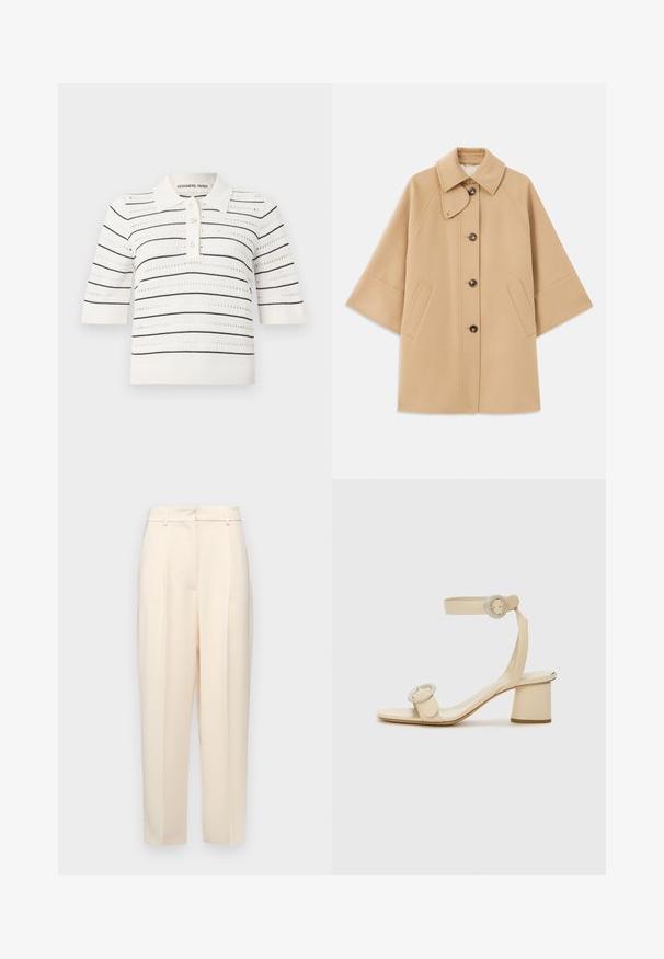 Beige wollen blend jas met een klassieke kraag, sluiting met knopen aan de voorkant en zijzakken; heeft raglanmouwen en een nette, gestructureerde uitstraling.; Korte mouwen polo in crème met zwarte strepen. Kenmerken zijn een knoopsluiting, gebreide textuur en een openwerk ontwerp voor ventilatie.; Beige op maat gemaakte broek met een rechte pasvorm, voorzien van plooien aan de voorkant, een gladde textuur en een middelhoge taille. Geen zichtbare zakken.; Beige hakken sandalen met een vierkante neus, verstelbare enkelband en twee ronde gespaccenten. Gladde lederen textuur en blokhak.