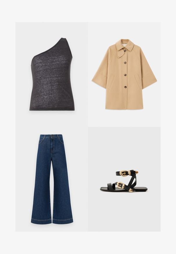 Beige villasekoituksesta valmistettu takki, jossa on klassinen kaulus, etupainikekiinnitys ja sivutaskut; sisältää raglan-hihat ja siistin, jämäkän muotoilun.; Asymmetrinen musta toppi yhdellä olkaimella, valmistettu pehmeästä, hieman läpikuultavasta kankaasta. Topissa on muodikas siluetti ja sileä rakenne.; Siniset farkut leveällä lahkeella ja korkealla vyötäröllä, jossa on nappikiinnitys, vyölenkit sekä huomaamattomat tikkaus yksityiskohdat taskuissa ja lahkeissa.; Mustat nahkakengät kultaisilla solkiyksityiskohdilla, joissa on useita hihnoja ja litteä pohjarakenteinen muotoilu avonaisille varpaille.