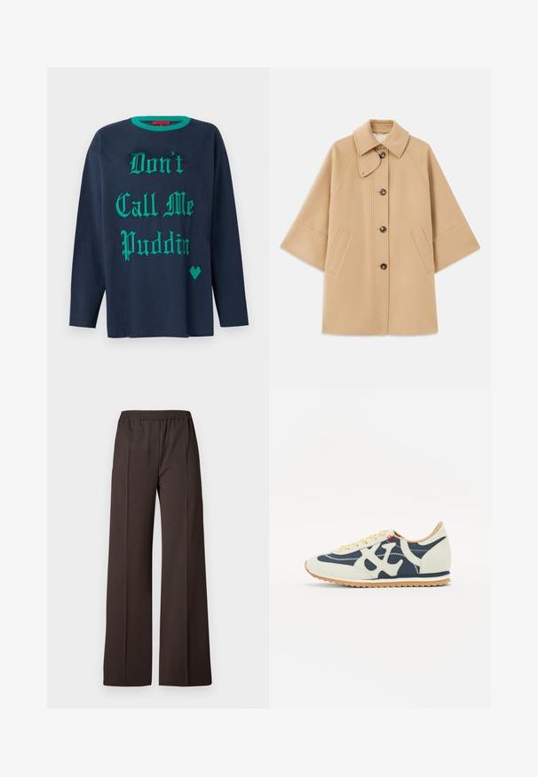 Bežs vilnas maisījuma mētelis ar klasisku apkakli, priekšējo pogu aizdares un sānu kabatām; satur raglanu piedurknes un tīru, strukturētu dizainu.; Jūras zila garām piedurknēm T-kreklis izgatavots no kokvilnas, ar zaļu dekoratīvo tekstu "Nepazvani mani Puddin'" un zaļu sirds formas akcentu.; Gari pamatkrāsas tumši brūnas bikses ar elastīgu jostasvietu, kas izceļas ar gludu tekstūru un vienkāršām līnijām, nodrošinot elegantu izskatu.; Sporta apavi ar krēma, jūras zila un zamša materiālu kombināciju, saites dizainu, diagonālām šuvēm un gumijas zoli ar saķeri.