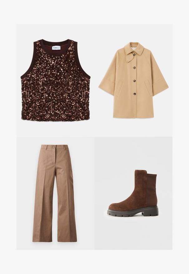 Palton din lână bej, cu un guler clasic, închidere frontală cu nasturi și buzunare laterale; are mâneci raglan și un design curat, structurat.; Top fără mâneci, embellizat cu paiete, într-o nuanță bogată de brun, cu un finisaj neted de culoare brun închis și accente strălucitoare de cupru pe suprafața din față.; Pantaloni largi de culoare maronie, confecționați dintr-un material neted, având o închidere cu nasture în față, două buzunare frontale și linii curate, croite.; Botine din suede maro, cu panouri elastice laterale, vârf rotunjit și o talpă groasă din cauciuc, având un model texturat de profil.