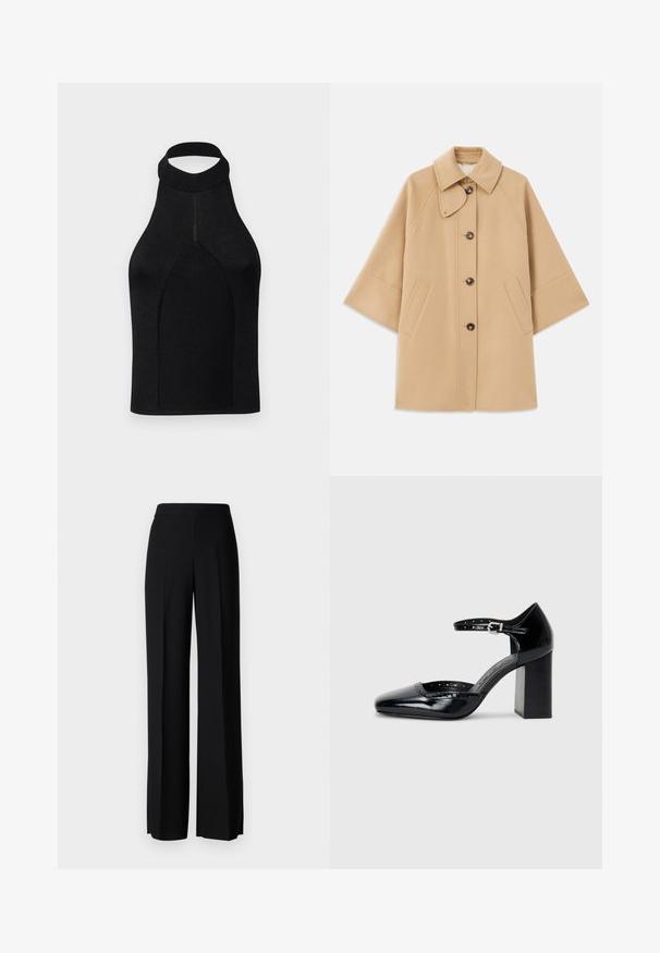 Šviesiai rudas vilnos mišinys paltas su klasikiniu apykakle, priekyje mygtukais užsegamas, ir šoninėmis kišenėmis; turi raglan tipo rankoves ir švarų, struktūrizuotą dizainą.; Juodas halter stiliaus viršus su prigludusia siluetu, pagamintas iš rauktos megztos medžiagos. Savybės: aukštas kaklas ir be siūlių dizainas su lygia tekstūra.; Juodi platūs kelnių kelnės su lygiu paviršiumi, turinčios aukštą liemenį ir centrinės raukšlės. Nėra matomų raštų ar metalinių detalių.; Juodos lakuotos aukštakulnės bateliai su kvadratine nosimi, kulkšnies dirželiu ir masyviu kulnu. Apima perforuotus detalizavimus aplink kraštą.