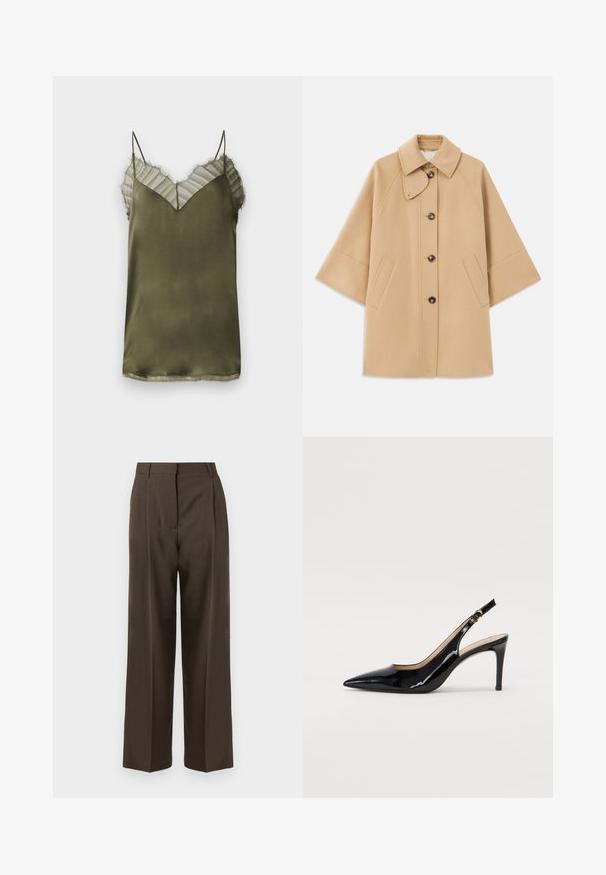 Cappotto in misto lana beige con colletto classico, chiusura frontale con bottoni e tasche laterali; presenta maniche a raglan e un design pulito e strutturato.; Camisola in satin verde oliva con scollatura a V, dotata di un sovrapposto trasparente a righe nella parte superiore e delicati bordi sfrangiati lungo il collo.; Pantaloni larghi marroni con una superficie liscia, dotati di vita alta, pince frontali e un design sartoriale. Nessuna tasca visibile o decorazioni.; Pumps slingback in pelle verniciata nera con punta affilata, tacco sottile e un design con ritagli delicati. Caratterizzate da una fibbia dorata sul cinturino.