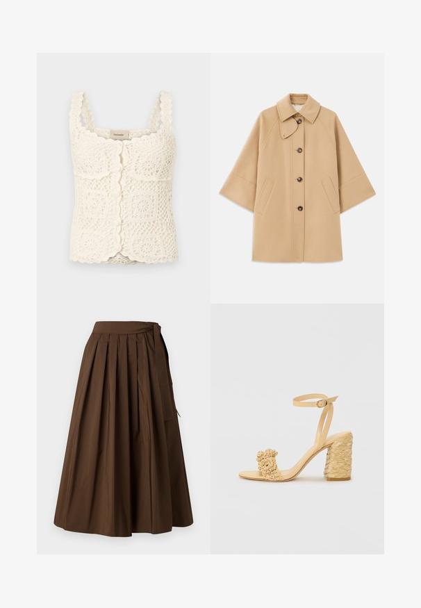 Bežový kabát z vlnenej zmesi s klasickým golierom, predným zapínaním na gombíky a bočnými vreckami; má raglánové rukávy a čistý, štruktúrovaný dizajn.; Krémový háčkovaný top s vlnitými okrajmi a štvorcovými motívmi. Obsahuje nastaviteľné ramienka a zapínanie na gombík. Vyrobené z textúrovaného, ľahkého materiálu.; Hnedá skladaná sukňa vyrobená z látky s hladkou textúrou, s vysokým pásom a bočným viazaním na uzatváranie.; Béžové sandále na vysokom podpätku s opletenou textúrou, ozdobené kvetinou a popruhom na členku. Štvorcová päta zvyšuje stabilitu.