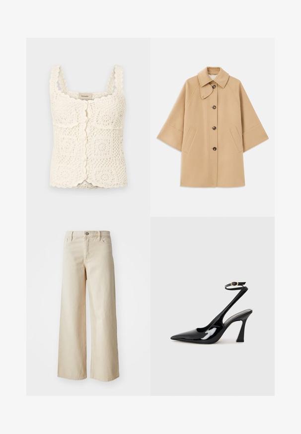 Beige villasekoituksesta valmistettu takki, jossa on klassinen kaulus, etupainikekiinnitys ja sivutaskut; sisältää raglan-hihat ja siistin, jämäkän muotoilun.; Kermainen virkattu yläosa, jossa on aallotetut reunat ja nelikulmaiset motiivit. Varustettu säädettävillä olkaimilla ja nappikiinnityksellä. Valmistettu tekstuurista, kevyestä kankaasta.; Beige levele jeansit valmistettu denimpistä, joissa on korkea vyötärö, nappisulku, vyölenkit ja sivutaskut. Suora pinta ja rento istuvuus.; Musta patenttinen nahka slingback-korkokengät, joissa on teräväkärkinen muoto, säädettävä nilkkastrappi ja kohtuullinen lohkokorko. Sujuva pinta kiiltävällä viimeistelyllä.