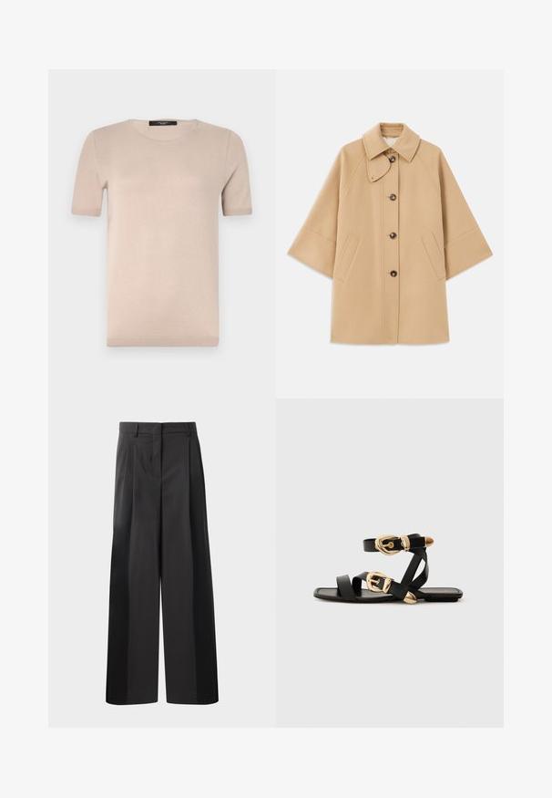 Beež villasegu jakk klassikalise kraega, ees nuppude sulgemise ja küljetaskutega; omab raglan-varrukaid ja puhtalt, struktureeritud disaini.; Bees värvi lühikeste varrukatega kootud topp ümmarguse kaelusega, millel on sile tekstuur ja ribatud äär. Lihtne, klassikaline disain, ideaalne kihiti kandmiseks.; Mustad laiad püksid kõrge vöökohaga, millel on ees voldid, sile tekstuur ja õmmeldud viimistlus. Kujundatud lõdva istuvuse saavutamiseks.; Mustad nahast sandaalid kuldsete pandlitega, millel on mitmed rihmad ja lame talladisain avatud varba jaoks.