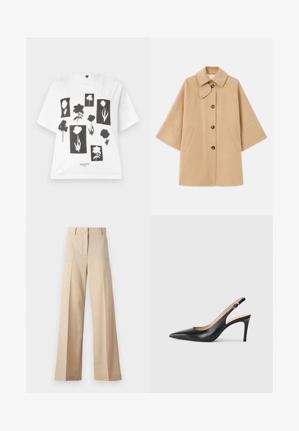 Bežs vilnas maisījuma mētelis ar klasisku apkakli, priekšējo pogu aizdares un sānu kabatām; satur raglanu piedurknes un tīru, strukturētu dizainu.; Balta īsām piedurknēm T-kreklus ar melnu ziedu rakstu, kurā attēloti dažādi ziedu formas taisnstūru fona. Apakšā ir uzraksts "NEDĒĻAS BEIGAS".; Bēža platā kāju bikses, izgatavotas no gludas auduma, ar plakanu priekšpusi un krokām, ar rāvējslēdzēja aizdari un jostu cilpām. Visā garumā pielāgota piegriezuma.; Melnas ādas sandales ar augstiem papēžiem un norādītu degunu, regulējama josta un elegants stiletto papēdis, kas izceļas ar gludu apdari.