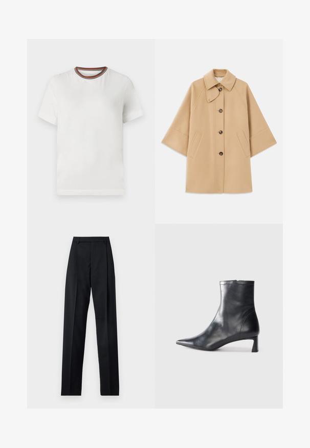 Bež kaput od vune s kombinacijom materijala, klasičnog ovratnika, prednjim zatvorenjem na dugmad i bočnim dzepovima; ima raglan rukave i čist, strukturiran dizajn.; Bijela majica kratkih rukava s okruglim izrezom, ukrašena višebojnom prugastom trakom. Izrađena od glatkog materijala s opuštenim krojem.; Crne hlače od glatkog materijala s visokim strukom, širokim nogavicama, prednjim pregibima i klasičnim petljama za remen. Nema vidljivih bočnih džepova.; Crne kožne gležnjače s uskim vrhom i elegantnim dizajnom. Imaju niski potpetak i zatvaranje na patentni zatvarač straga. Glatka tekstura.