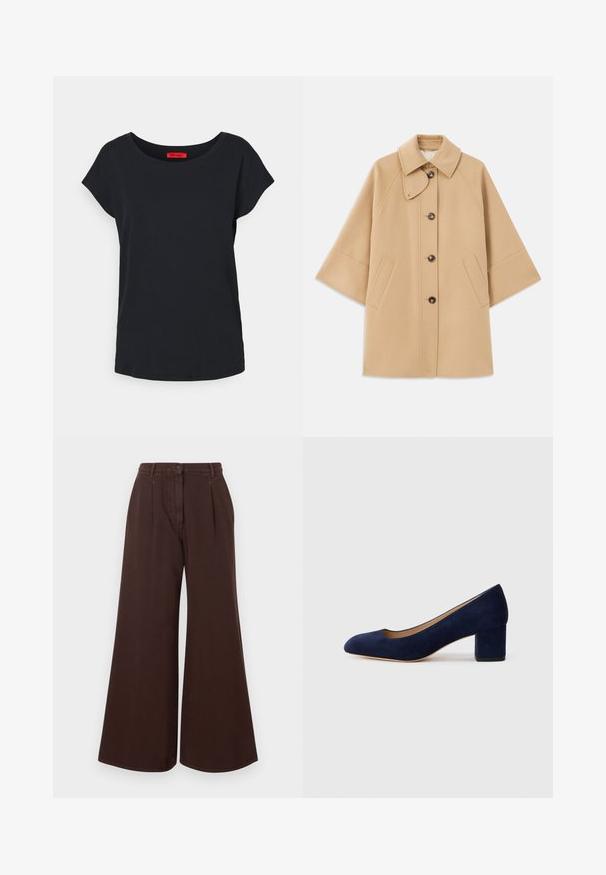 Beige wool blend coat with a classic collar, front button closure, and side pockets; features raglan sleeves and a clean, structured design.; MAX&Co. MALDIVE - Basic T-shirt - schwarz; High-waist wide-leg brown pants with button and zipper closure, belt loops, and front pleats.; Navy blue suede pump with a pointed toe and a mid-height block heel. Smooth texture with a subtle sheen and a small cutout at the front.