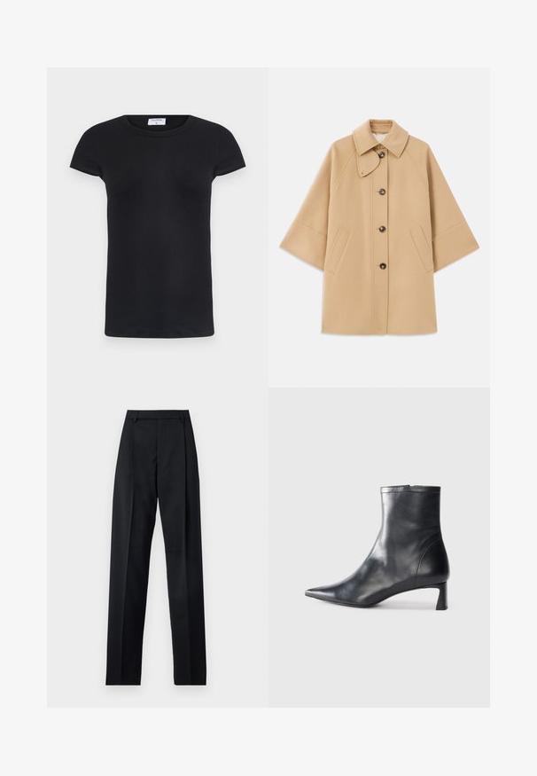 Beige Wollmischungsjacke mit klassischem Kragen, durchgehender Knopfleiste und Seitentaschen; verfügt über Raglanärmel und ein sauberes, strukturiertes Design.; Schwarzes geripptes T-Shirt mit rundem Halsausschnitt und kurzen Ärmeln. Weicher Stoff mit figurbetonter Passform, ausgestattet mit einem Etikett am Hals.; Schwarze Hosen aus glattem Stoff mit hoher Taille, weitem Bein, vorderen Falten und klassischen Gürtelschlaufen. Keine sichtbaren Seitentaschen.; Schwarze Lederstiefelette mit spitzer Zehe und schlankem Design. Verfügt über einen niedrigen Absatz und einen Reißverschluss hinten. Glatte Textur.