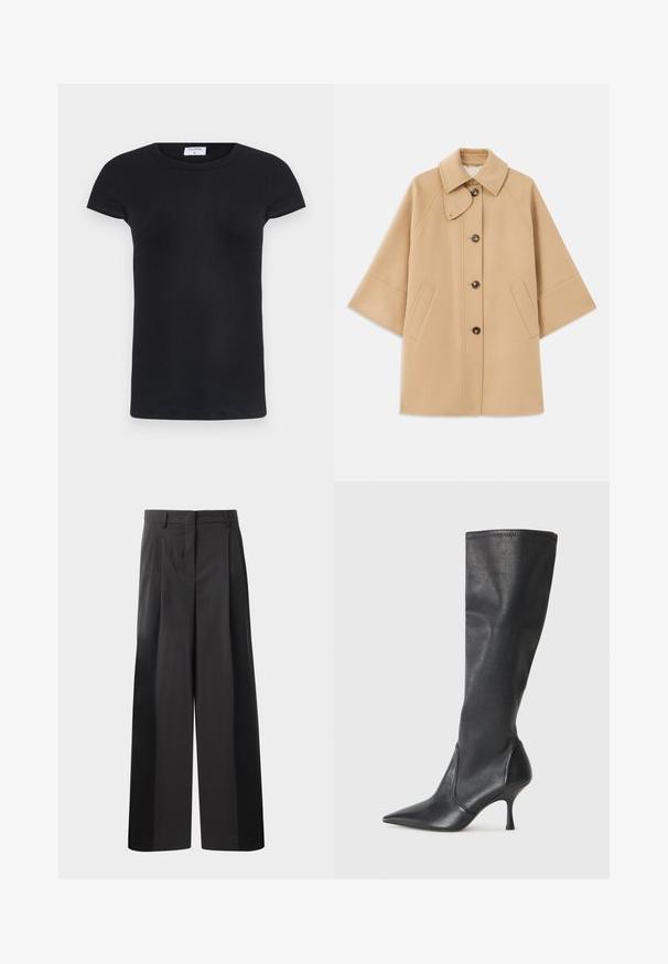 Šviesiai rudas vilnos mišinys paltas su klasikiniu apykakle, priekyje mygtukais užsegamas, ir šoninėmis kišenėmis; turi raglan tipo rankoves ir švarų, struktūrizuotą dizainą.; Juodas dryžuotas marškinėliai su apvalia iškirpte ir trumpomis rankovėmis. Minkšta medžiaga, prigludusi prie kūno, su etikete apykoje.; Juodos plačios kelnės su aukštu liemeniu, su priekinėmis raukšlėmis, glotnia tekstūra ir pritaikytu apdailos stiliumi. Sukurtos laisvam sėdėjimui.; Juodų odinių batų iki kelių su smailiu pirštu ir plonu stiletto kulnu. Lygus paviršius, pritaikytas dizainas ir siuvimas viršutiniame krašte.