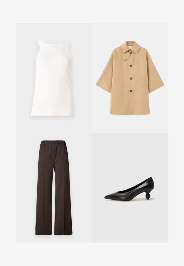 Beež villasegu jakk klassikalise kraega, ees nuppude sulgemise ja küljetaskutega; omab raglan-varrukaid ja puhtalt, struktureeritud disaini.; Valge ribaga tank-top ümarate kaelustega ja laiade rihmadega. Omab peent logo detaili allääres. Pehme kangas ja kaalutud lõige.; Laiad sääred tumedast pruunist kangast püksid, elastse vöökohtaga, millel on sile tekstuur ja puhtad jooned, et saavutada kohandatud välimus.; Must musta kõrge kontsaga king, millel on terav nina ja ümar, pallikujuline konts. Sile pind ja elegantne, minimalistlik disain.