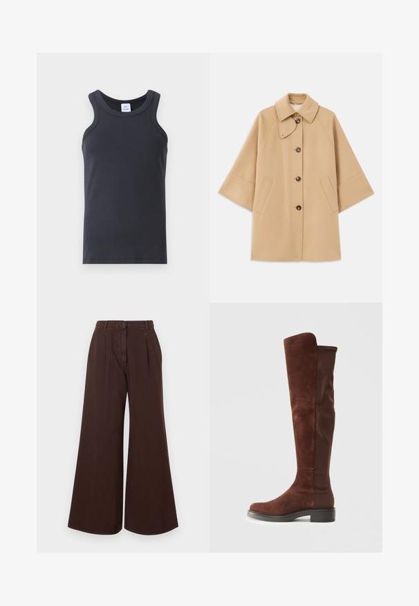 Beige Wollmischungsjacke mit klassischem Kragen, durchgehender Knopfleiste und Seitentaschen; verfügt über Raglanärmel und ein sauberes, strukturiertes Design.; Schwarzes geripptes Tanktop mit Rundhalsausschnitt, breiten Trägern und einer glatten Textur. Enthält ein Etikett am Halsausschnitt.; Hochtaillierte, weit geschnittene, braune Hose mit Knopf- und Reißverschluss, Gürtelschlaufen und frontalen Falten.; Hohes braunes Wildleder- und Stoffboot mit niedrigem schwarzem Absatz und abgerundeter Zehenform, seitlich auf einem schlichten weißen Hintergrund abgebildet.