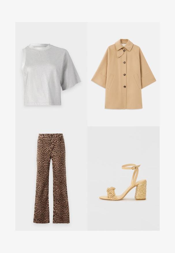 Beige gyapjú mix kabát klasszikus gallérral, elülső gombos záródással és oldalsó zsebekkel; raglán ujjaival és letisztult, strukturált dizájnjával rendelkezik.; Ezüst rövidujjú crop póló, sima, fényes textúrával és kerek nyakkivágással. Az egyik ujja aszimmetrikus.; Beige és fekete leopárdmintás széles szárú nadrág, sima textúrával és fazonra szabott szegéllyel. Szabásán standard derékpánt és zsebek találhatóak.; Bézs színű magassarkú szandál fonott textúrával, díszítő virággal és bokapánttal. A négyzet alakú sarok stabilitást biztosít.