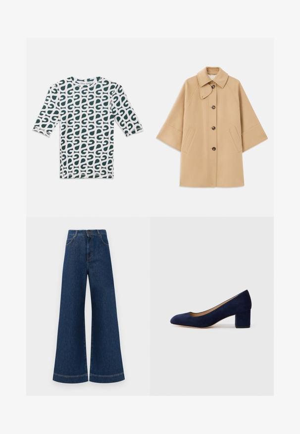 Beež villasegu jakk klassikalise kraega, ees nuppude sulgemise ja küljetaskutega; omab raglan-varrukaid ja puhtalt, struktureeritud disaini.; Valge kolmveerandvarrukatega T-särk, millel on rohelise abstraktse mustriga kaunistus. Ümmargune dekoltee, puuvillane materjal ja õmmeldud servad.; Laia siniste denim pükste suur jalg, kõrge vöökoht, nupuga kinnitamine, vöökohad ja peened õmblusdetailid taskute ja äärte ääres.; Tumesinise sametist kõrge kontsaga king, millel on terav nina ja keskmise kõrgusega plokk-konts. Sile tekstuur kerge sädelusega ja ees väike lõige.