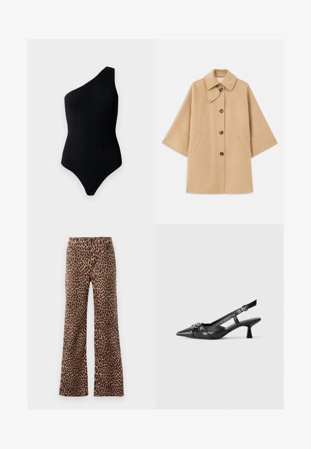 Casaco em mistura de lã bege com colarinho clássico, fecho frontal com botões e bolsos laterais; possui mangas raglan e um design limpo e estruturado.; Bodysuit preto com uma alça, em textura canelada. Apresenta uma forma ajustada e um design sem costuras, enfatizando um visual minimalista.; Calças de perna larga em padrão de leopardo, em bege e preto, com uma textura suave e bainha afunilada. Design com cintura padrão e bolsos.; Sapato slingback em couro preto com biqueira fina, tiras decorativas com ilhós de metal e um pequeno salto quadrado. Superfície texturizada.