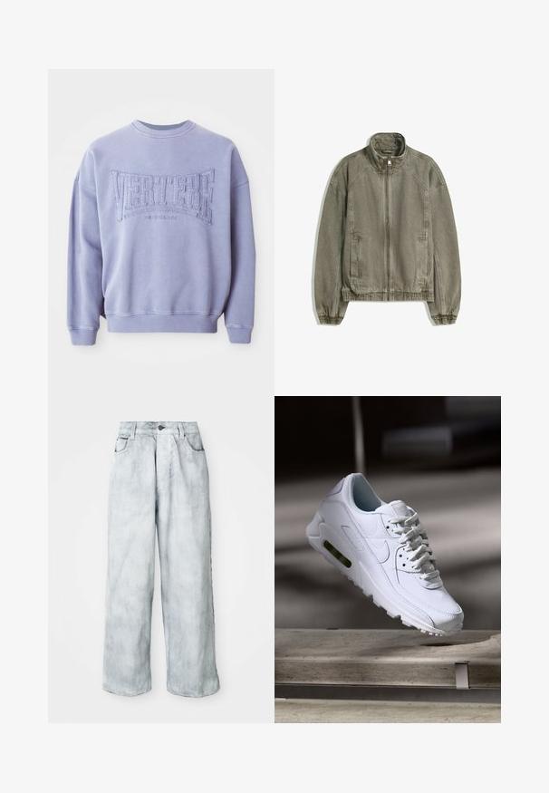 Giacca casual zip-up marrone chiaro con colletto alto, polsini ed orlo elasticizzati, e tasche frontali, adagiata su sfondo bianco.; Felpa viola realizzata in tessuto morbido con testo ricamato "VERTERE" e "BERLIN". Polsini e scollatura a costine con vestibilità rilassata.; Jeans a gamba larga in denim chiaro con vita alta, chiusura frontale a bottone e zip, passanti per cintura e tasche anteriori e posteriori.; Sneaker bianco in pelle con superfici texture, collo imbottito e ammortizzazione d'aria visibile nella suola. Presenta lacci e un design minimalista.
