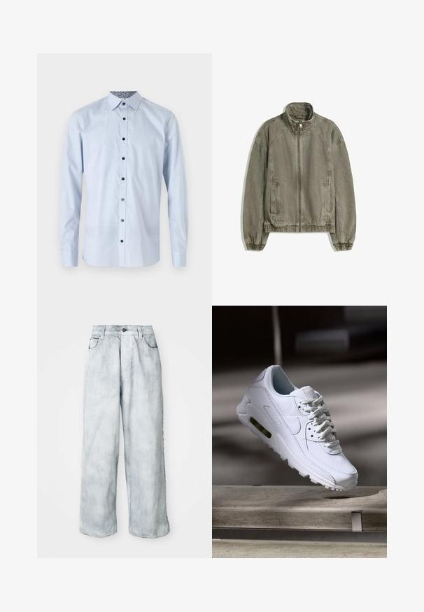 Helle braune lässige Zip-Jacke mit hohem Kragen, elastischen Bündchen und Saum sowie Fronttaschen, flach auf weißem Hintergrund ausgelegt.; Himmelblaues Langarmhemd mit Button-down-Kragen, schwarzen Knöpfen und einem gemusterten Innenkragen. Glatte Textur, taillierte Passform.; Helle Weitbeine Jeans mit hoher Taille, vorderem Knopf- und Reißverschluss, Gürtelschlaufen sowie Vorder- und Gesäßtaschen.; Weiße Lederturnschuhe mit strukturierten Oberflächen, gepolstertem Kragen und sichtbarer Luftpolsterung in der Sohle. Verfügt über Schnürsenkel und ein minimalistisches Design.