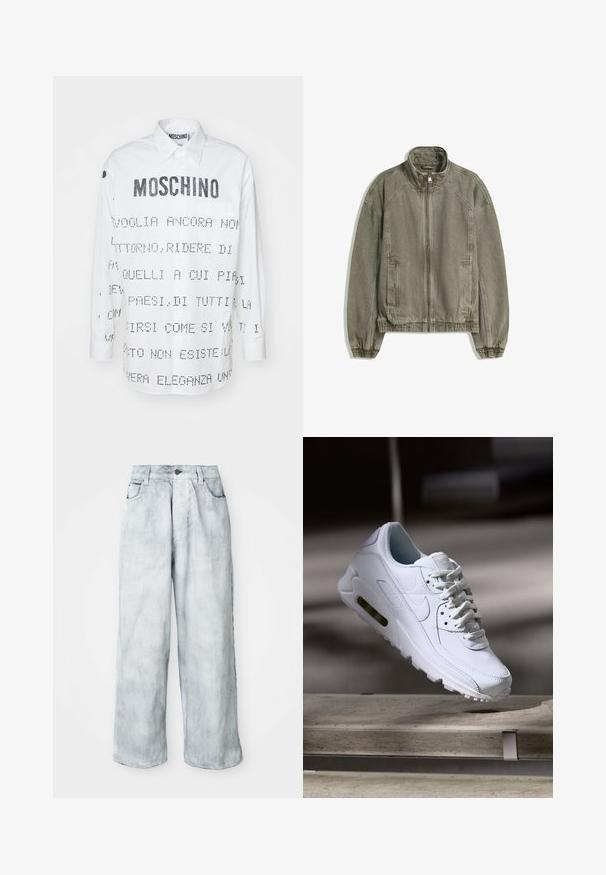 Ljusbrun avslappnad zip-up jacka med hög krage, elastiska manschetter och nederkant, samt framfickor, liggande platt på vit bakgrund.; Vit långärmad skjorta med spetsig krage, med svart text och grafiska motiv tryckta på fram- och baksidan. Knäppning med knappar.; Ljust tvättade vida jeans med hög midja, framknapp och dragkedja, bälteshällor samt fram- och bakfickor.; Vit lädersneaker med strukturerade ytor, vadderad krage och synlig luftkudde i sulan. Innehåller snören och har en minimalistisk design.