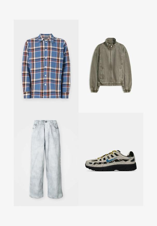 Világosbarna, laza fazonú, cipzáras dzseki magas gallérral, rugalmas mandzsettákkal és szegéllyel, valamint elülső zsebekkel, egy sík fehér háttéren.; Férfi kockás ing kék színben, fehér, piros és sárga vonalakkal. Gombos záródás, hegyes gallér és hosszú ujjak. Puha tapintás.; Szürke pamut póló kerek nyakkivágással, rövid ujjakkal és sima dizájnnal, puha, sima textúrával, látható minták vagy díszítések nélkül.; Világoskék, bőszárú farmernadrág magas derékkal, elülső gombos és cipzáras záródással, övhurkokkal, valamint elülső és hátsó zsebekkel.; Beige és fekete Nike P-6000 sportcipő kék pipa logóval, sárga fűzővel, fekete talppal és Cordura szövet címkével a saroknál.