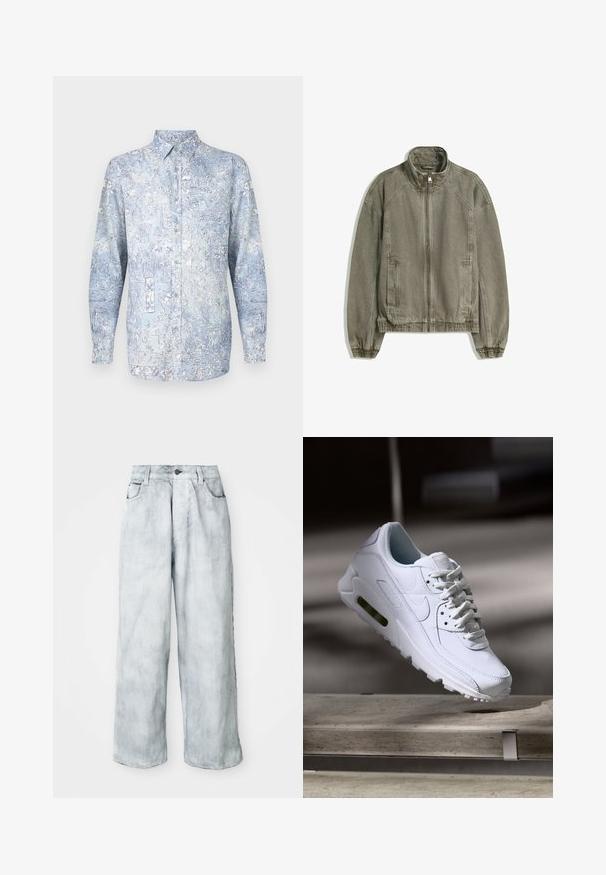 Világosbarna, laza fazonú, cipzáras dzseki magas gallérral, rugalmas mandzsettákkal és szegéllyel, valamint elülső zsebekkel, egy sík fehér háttéren.; Világoskék, gombos ing virágmintákkal, hosszú ujjakkal és klasszikus gallérral. Puha, sima tapintású anyagból készült.; Világoskék, bőszárú farmernadrág magas derékkal, elülső gombos és cipzáras záródással, övhurkokkal, valamint elülső és hátsó zsebekkel.; Fehér bőr sneaker, texturált felületekkel, párnázott gallérral és látható légpárnázottsággal a talpban. Felszereltsége fűzőkkel és minimalista dizájnnal rendelkezik.