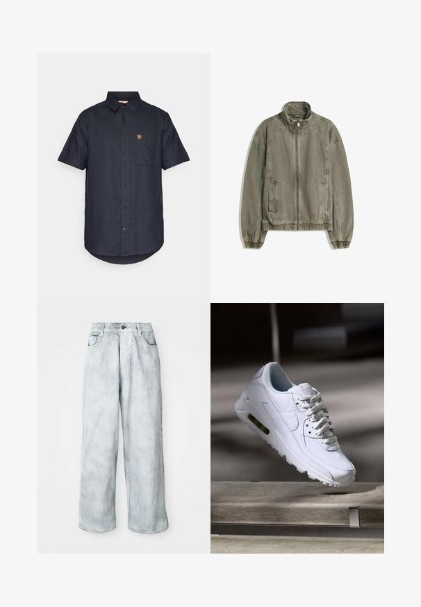 Svetlo rjava casual jopica na zadrgo z visokim ovratnikom, elastičnimi manžetami in robom ter sprednjimi žepi, razporejena na beli podlagi.; Kratka majica s dugim rukavima iz tamno mornarskog platna, s prsnom džepom i malim logom na gornjoj lijevoj strani.; Svetlo prane široke hlače z visokim pasom, sprednjim gumbom in zadrgo, obročki za pas ter sprednjimi in zadnjimi žepi.; Bela usnjena teniska obutev s teksturiranimi površinami, podloženim ovratnikom in vidnim zračnim blaženjem v podplatu. Vsebuje vezalke in minimalističen dizajn.