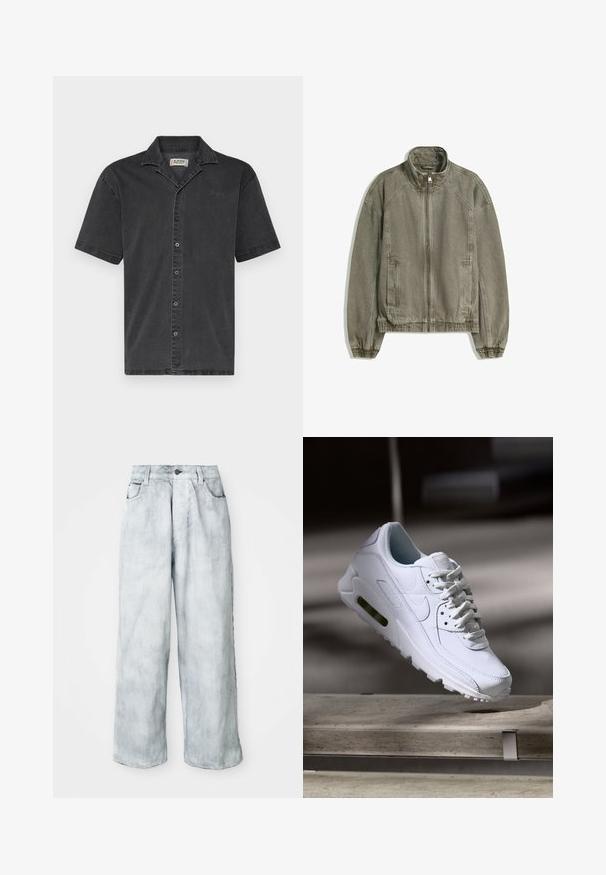 Světle hnědá sportovní zipová bunda s vysokým límcem, elastickými manžetami a lemem, a se předními kapsami, položená na bílém pozadí.; Denim Project LOOSE FIT SHORT SLEEVE DENIM - Košile - gray wash; Světle prané široké džíny s vysokým pasem, předním zapínáním na knoflík a zip, poutky na pásek a předními a zadními kapsami.; Bílé kožené tenisky s texturovanými povrchy, polstrovaným límcem a viditelným vzduchovým odpružením v podešvi. Mají tkaničky a minimalistický design.