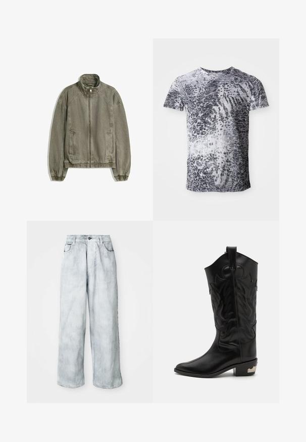 Světle hnědá sportovní zipová bunda s vysokým límcem, elastickými manžetami a lemem, a se předními kapsami, položená na bílém pozadí.; Krátký rukáv tričko v šedé a bílé barvě s leopardím vzorem. Vyrobeno z měkké tkaniny s klasickým kulatým výstřihem.; Světle prané široké džíny s vysokým pasem, předním zapínáním na knoflík a zip, poutky na pásek a předními a zadními kapsami.; Černé kožené kovbojské boty s jemnými vyraženými vzory, špičatou špičkou a nízkým stohovaným podpatkem s kovovými akcenty.