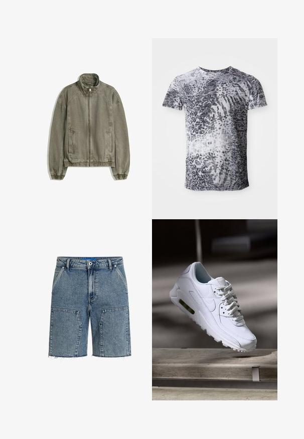 Svetlohnedá neformálna bunda na zips s vysokým golierom, elastickými manžetami a lemom, a prednými vreckami rozloženými na bielom pozadí.; Tričkot s krátkym rukávom v sivej a bielej farbe s leopardím vzorom. Vyrobené z mäkkej látky s dizajnom okrúhleho výstrihu.; Džínové šortky vo svetlom odtieni modrej, s volným strihom, rozstrapkaným lemom a veľkými prednými vreckami. Vyrobené z textúrovanej džínoviny.; Biele kožené tenisky s textúrovanými povrchmi, polstrovaným golierom a viditeľným vzduchovým odpružením v podrážke. Majú šnúrky a minimalistický dizajn.