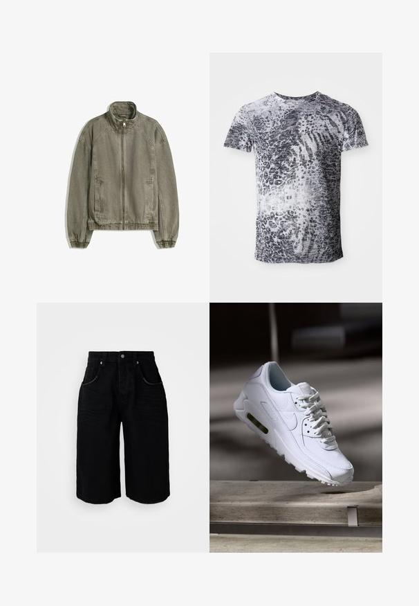 Světle hnědá sportovní zipová bunda s vysokým límcem, elastickými manžetami a lemem, a se předními kapsami, položená na bílém pozadí.; Krátký rukáv tričko v šedé a bílé barvě s leopardím vzorem. Vyrobeno z měkké tkaniny s klasickým kulatým výstřihem.; Černé džínové šortky se střihem rovných nohou, pěti kapsami, kovovým zapínáním na knoflík a jemnou texturou. Spodní okraj je zakončen čistým střihem.; Bílé kožené tenisky s texturovanými povrchy, polstrovaným límcem a viditelným vzduchovým odpružením v podešvi. Mají tkaničky a minimalistický design.