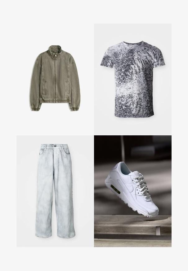 Light brown casual zip-up jacket with high collar, elastic cuffs and hem, and front pockets laid flat on white background.; Short-sleeve t-shirt in gray and white with a leopard print pattern. Made from a soft fabric with a crew neck design.; Light-wash wide-leg jeans with a high waist, front button and zip closure, belt loops, and front and back pockets.; White leather sneaker with textured surfaces, padded collar, and visible air cushioning in sole. Features laces and a minimalistic design.