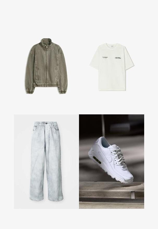 Svetlo rjava casual jopica na zadrgo z visokim ovratnikom, elastičnimi manžetami in robom ter sprednjimi žepi, razporejena na beli podlagi.; Bela bombažna majica s kratkimi rokavi. Na sprednji strani je črn napis: "NE JUTRI NE DANES" in "UMETNOST SVETOVANJA" v zeleni pisavi.; Svetlo prane široke hlače z visokim pasom, sprednjim gumbom in zadrgo, obročki za pas ter sprednjimi in zadnjimi žepi.; Bela usnjena teniska obutev s teksturiranimi površinami, podloženim ovratnikom in vidnim zračnim blaženjem v podplatu. Vsebuje vezalke in minimalističen dizajn.