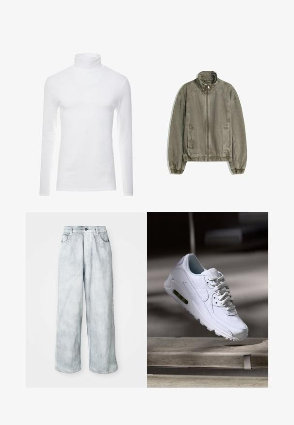 Helle braune lässige Zip-Jacke mit hohem Kragen, elastischen Bündchen und Saum sowie Fronttaschen, flach auf weißem Hintergrund ausgelegt.; Weißes Langarm-Turtleneck-Shirt aus weichem, dehnbarem Stoff. Verfügt über einen hohen Kragen und eine figurbetonte Passform, die eine schlanke Silhouette bietet.; Helle Weitbeine Jeans mit hoher Taille, vorderem Knopf- und Reißverschluss, Gürtelschlaufen sowie Vorder- und Gesäßtaschen.; Weiße Lederturnschuhe mit strukturierten Oberflächen, gepolstertem Kragen und sichtbarer Luftpolsterung in der Sohle. Verfügt über Schnürsenkel und ein minimalistisches Design.