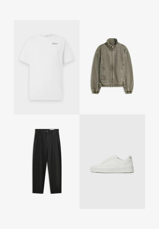 Jachetă casual crem deschis, cu fermoar, guler înalt, manșete elastice și tiv, cu buzunare frontale, așezată pe un fundal alb.; Tricou alb din bumbac, cu mâneci scurte, guler rotund, având un logo negru "Pompeii" pe partea stângă a pieptului. Textură moale și netedă.; Pantaloni negri din bumbac cu croială lejeră, având un brâu clasic, plii frontale și buzunare laterale. Textură netedă fără modele.; Sneakers din piele albă cu un finisaj neted, vârf rotund, șireturi plate și o talpă texturată. Prezintă un logo subtil pe călcâi.