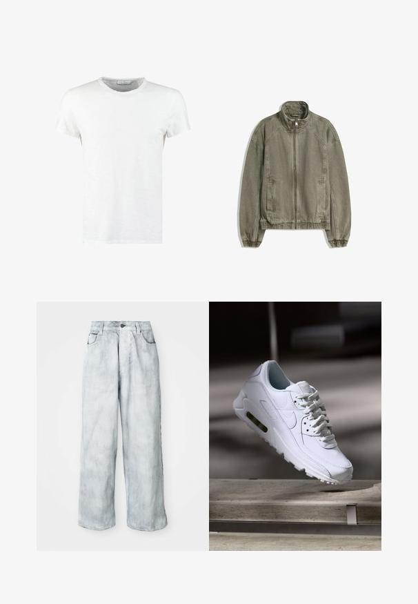 Helle braune lässige Zip-Jacke mit hohem Kragen, elastischen Bündchen und Saum sowie Fronttaschen, flach auf weißem Hintergrund ausgelegt.; Weißes Baumwoll-T-Shirt mit Rundhalsausschnitt und kurzen Ärmeln, das eine feine Textur und ein minimalistisches Design aufweist. Keine Muster oder Akzente.; Helle Weitbeine Jeans mit hoher Taille, vorderem Knopf- und Reißverschluss, Gürtelschlaufen sowie Vorder- und Gesäßtaschen.; Weiße Lederturnschuhe mit strukturierten Oberflächen, gepolstertem Kragen und sichtbarer Luftpolsterung in der Sohle. Verfügt über Schnürsenkel und ein minimalistisches Design.