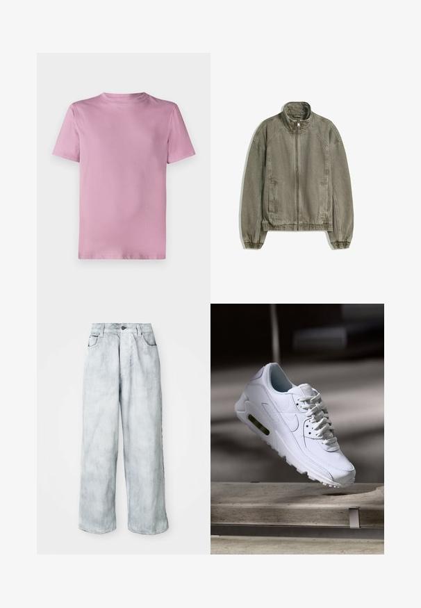 Vaaleanruskea rento vetoketjullinen takki, jossa on korkea kaulus, joustavat hihansuut ja helma, sekä etutaskut, asetettuna tasaisesti valkoista taustaa vasten.; Vaaleanpunainen puuvillainen T-paita, jossa on pyöreä kaula-aukko, lyhyet hihat ja sileä pinta. Yksinkertainen, koristelematon muotoilu ilman logoja tai kuvioita.; Vaaleansiniset leveälahkeiset farkut, joissa on korkea vyötärö, edessä napitus ja vetoketju, vyölenkit sekä etu- ja takataskut.; Valkoinen nahkasneakers, jossa on teksturoidut pinnat, pehmustettu kaulus ja näkyvä ilmatäyttö pohjassa. Varustettu nauhoilla ja minimalistisella muotoilulla.